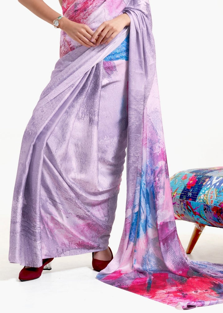 Periwinkle Purple Printed Satin Crepe Saree