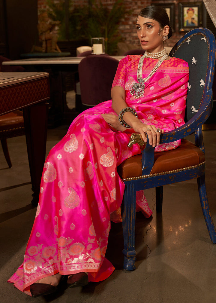 Fuscia Pink Satin Silk Saree