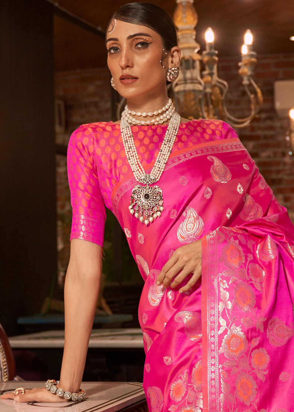 Fuscia Pink Satin Silk Saree