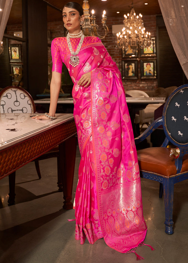 Fuscia Pink Satin Silk Saree