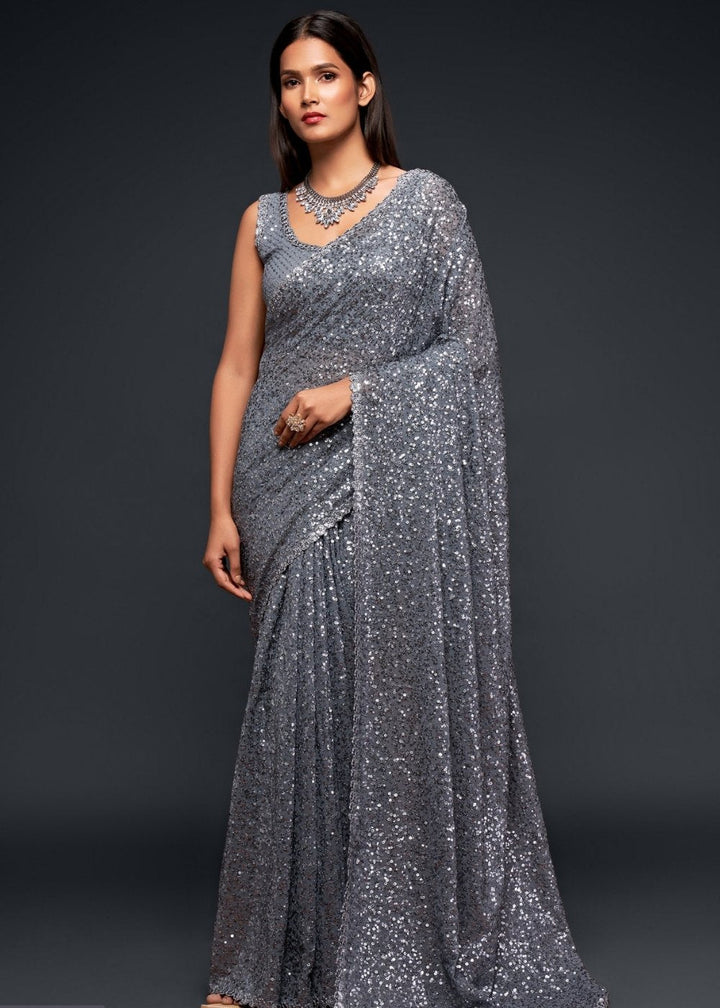 Silver Grey Designer Georgette Saree