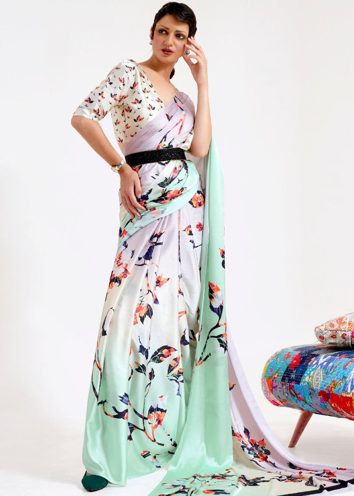 Multi Colored Printed Satin Crepe Saree