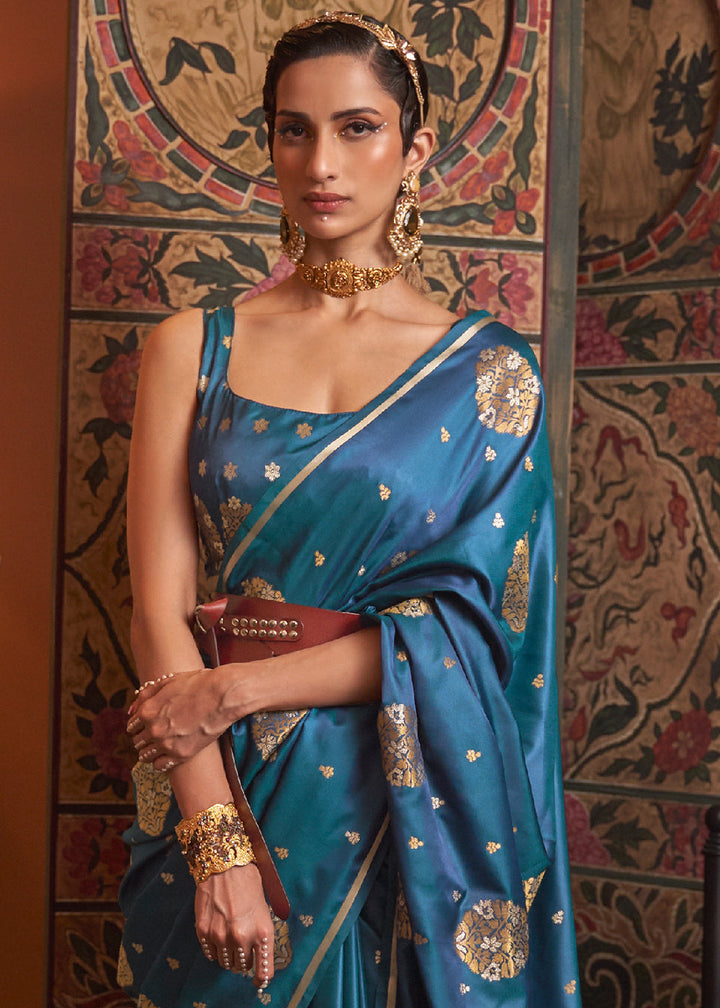 Cobalt Blue Copper Zari Woven Satin Silk Saree