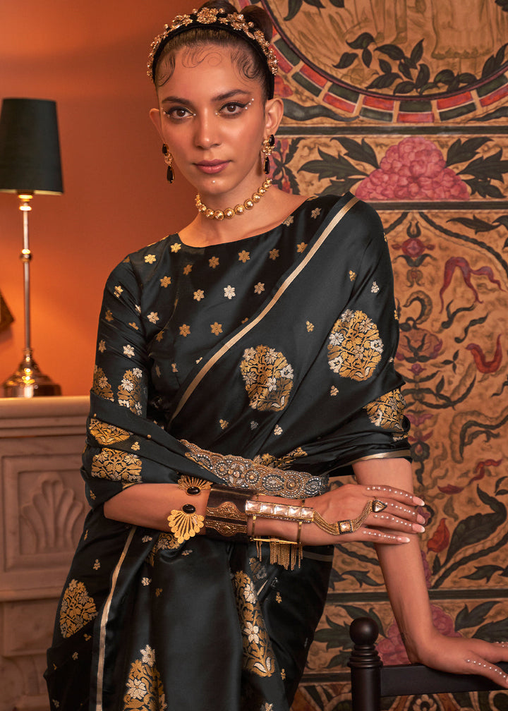Onyx Black Copper Satin Silk Saree
