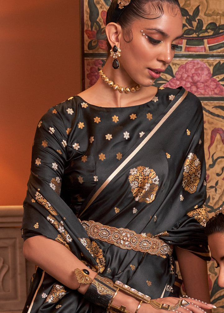Onyx Black Copper Satin Silk Saree