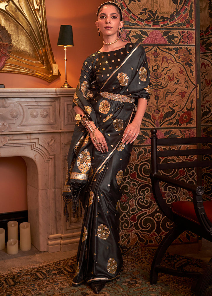 Onyx Black Copper Satin Silk Saree