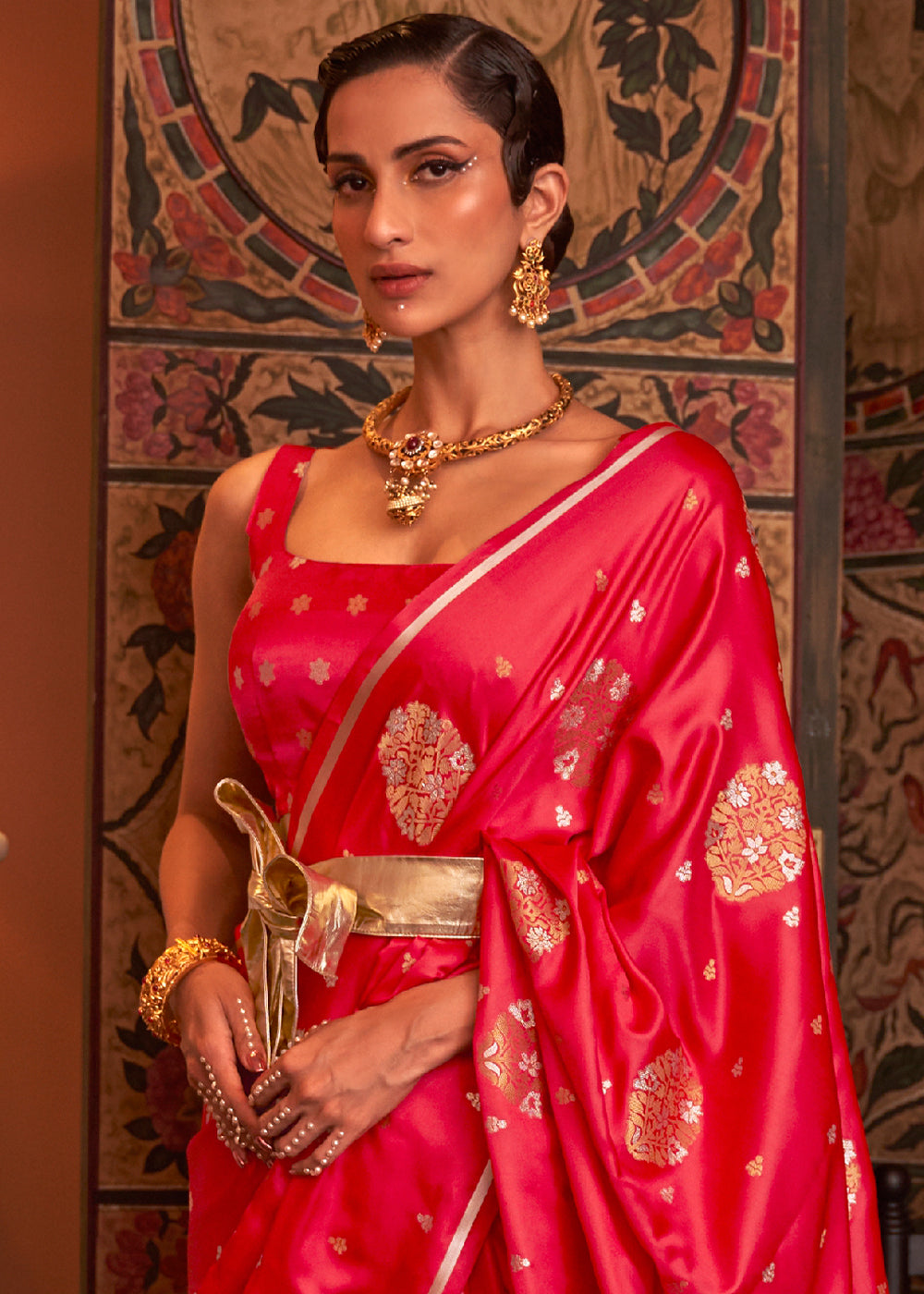 Tart Red Copper Satin Silk Saree