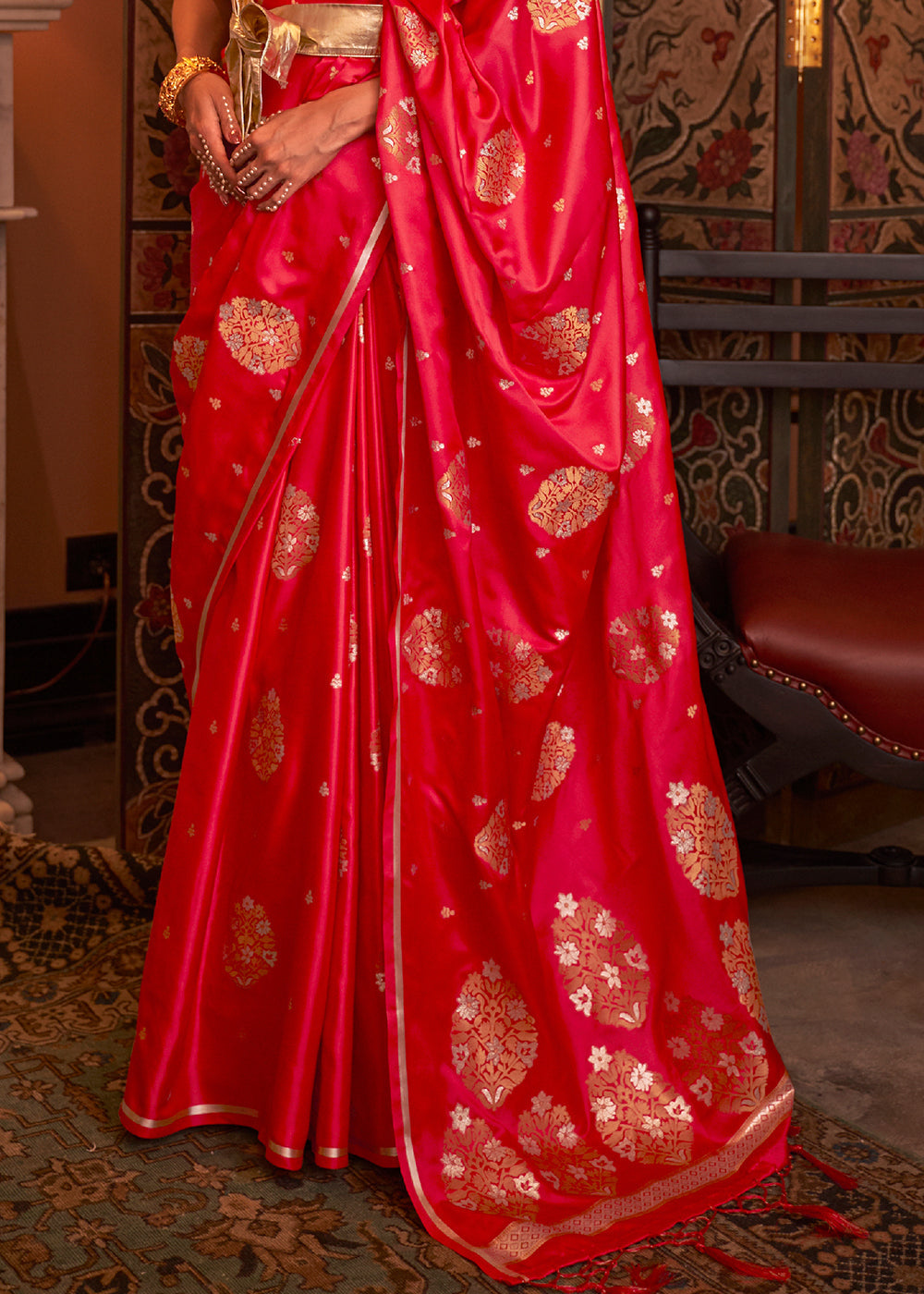 Tart Red Copper Satin Silk Saree