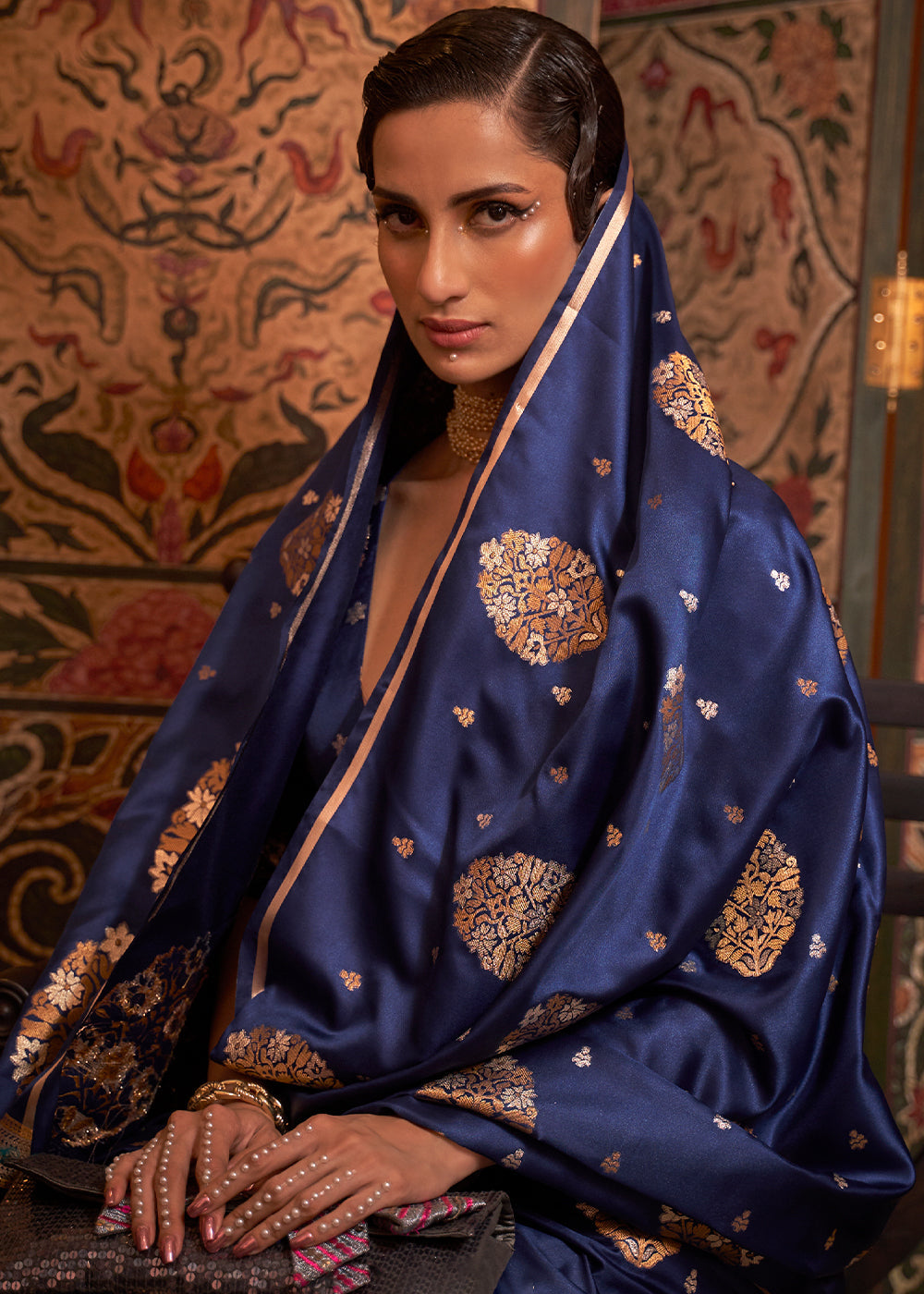 Midnight Blue Copper Satin Silk Saree