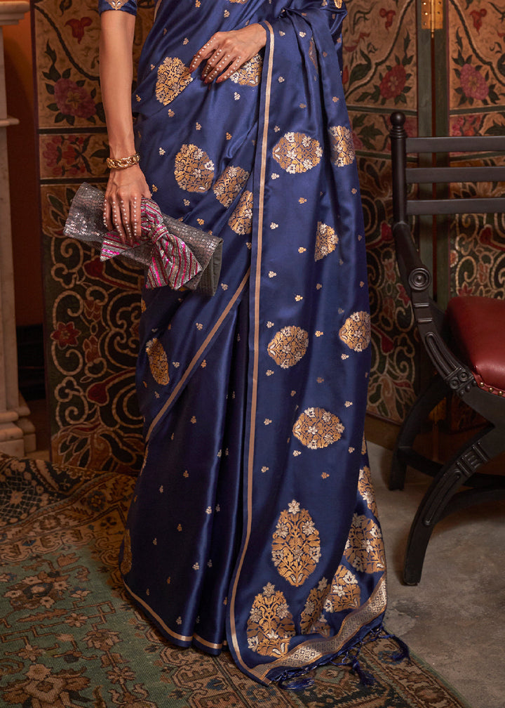Midnight Blue Copper Satin Silk Saree