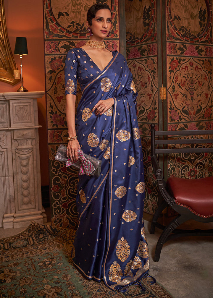 Midnight Blue Copper Satin Silk Saree