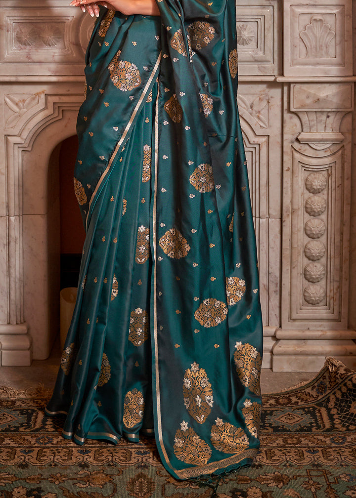 Peacock Green Copper Zari Woven Satin Silk Saree