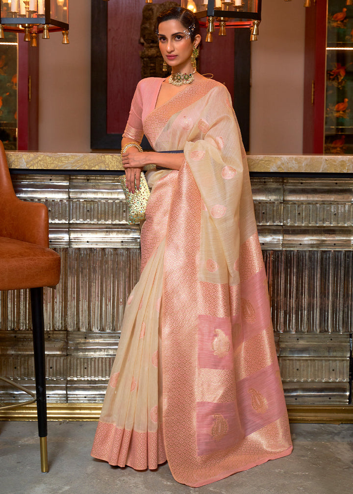 Beige Brown Linen Silk Saree