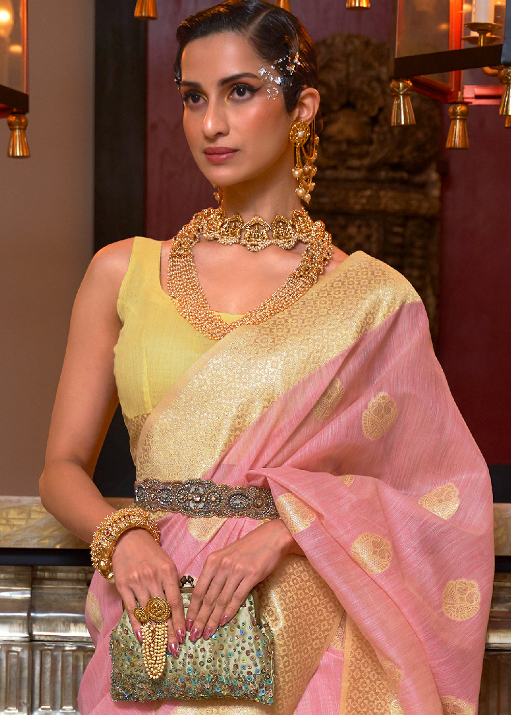 Flamingo Pink Linen Silk Saree