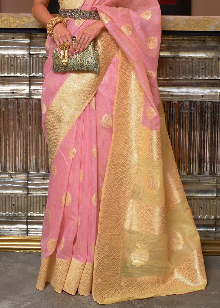 Flamingo Pink Linen Silk Saree