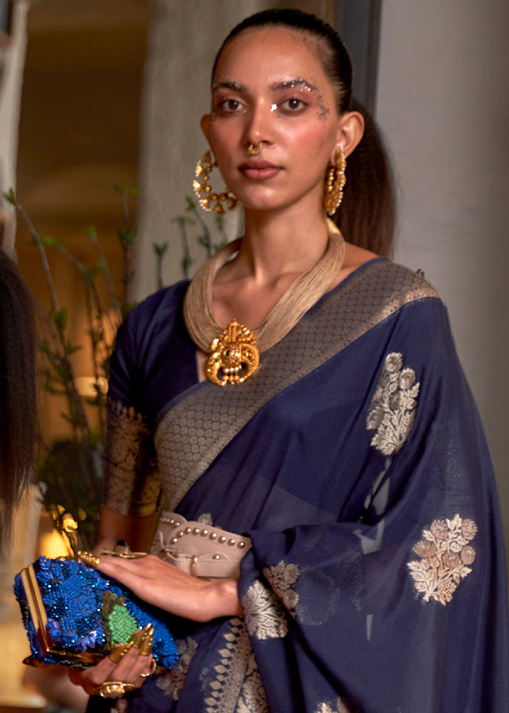 Indigo Blue Woven Khaddi Georgette Saree