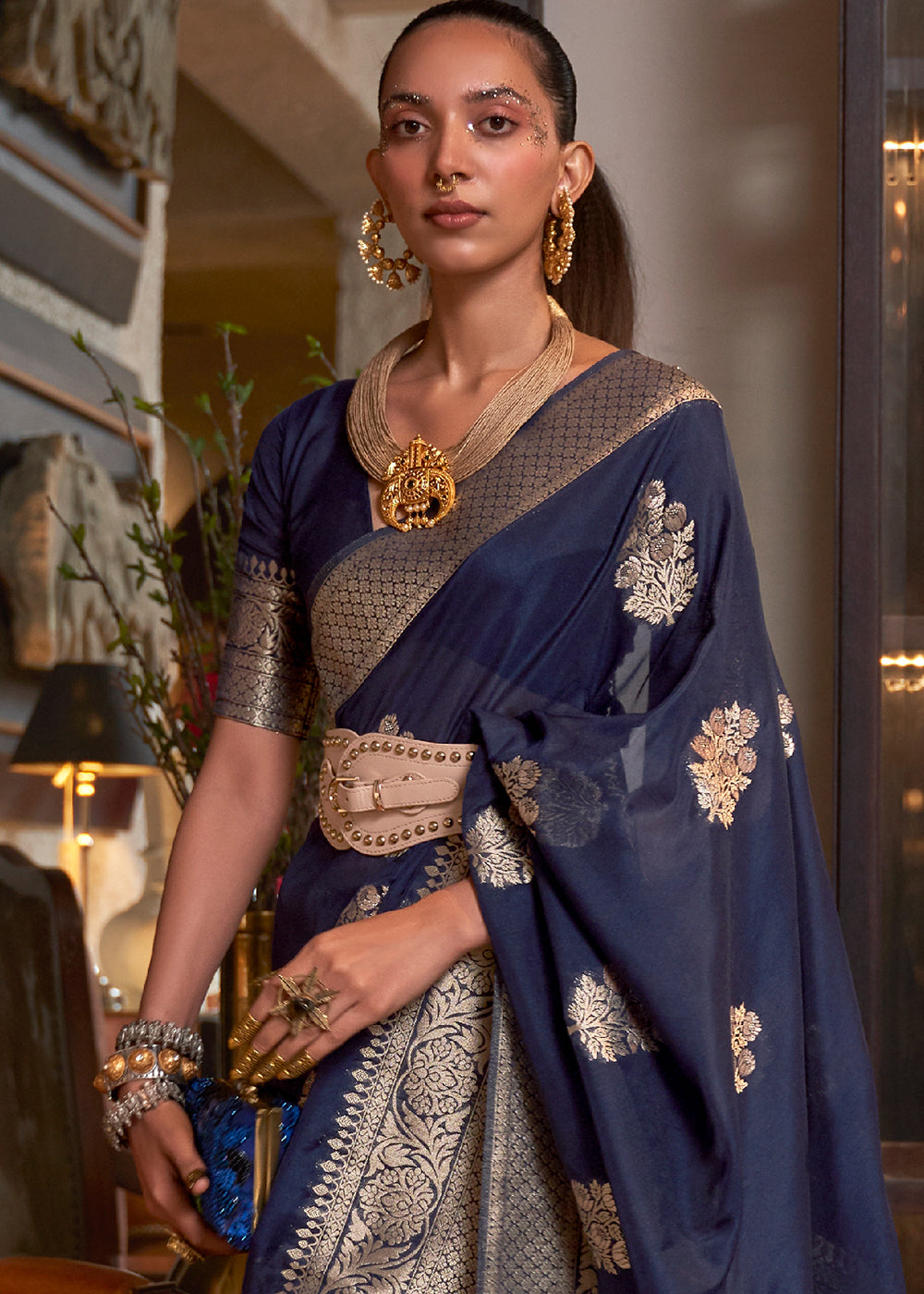 Indigo Blue Woven Khaddi Georgette Saree