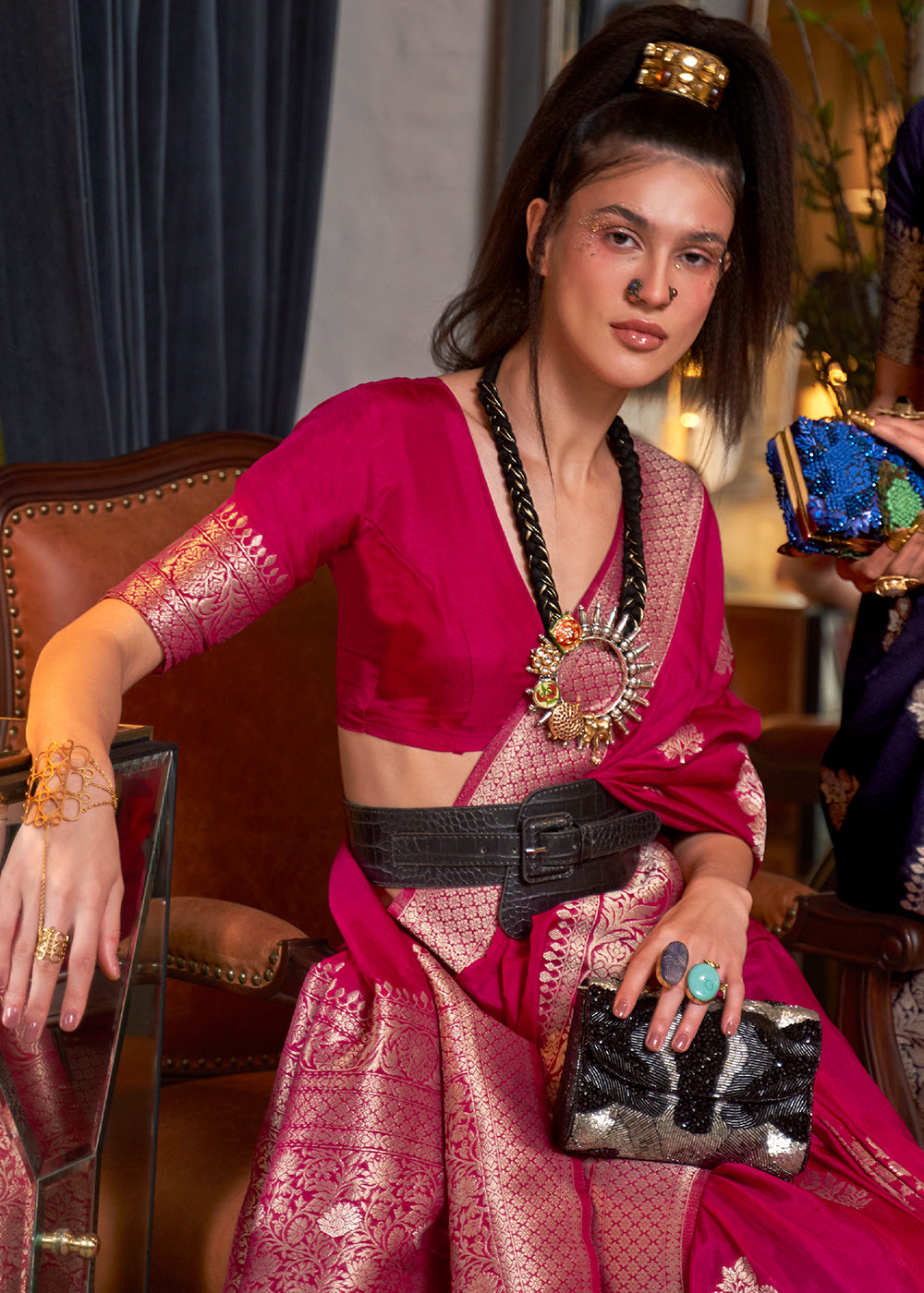 Cerise Pink Woven Khaddi Georgette Saree