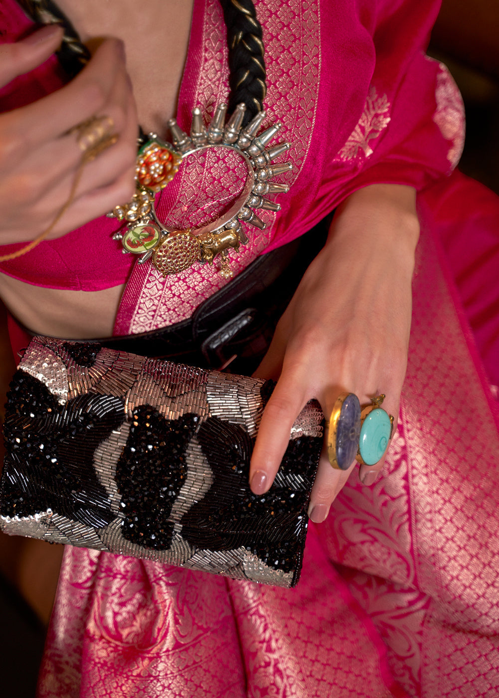 Cerise Pink Woven Khaddi Georgette Saree