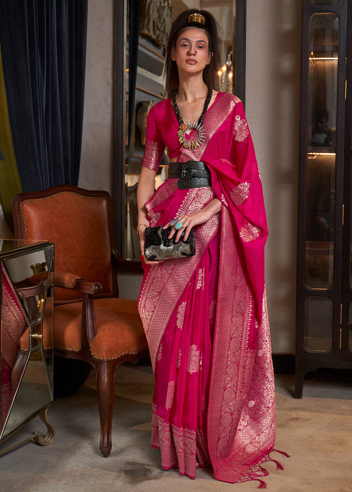 Cerise Pink Woven Khaddi Georgette Saree