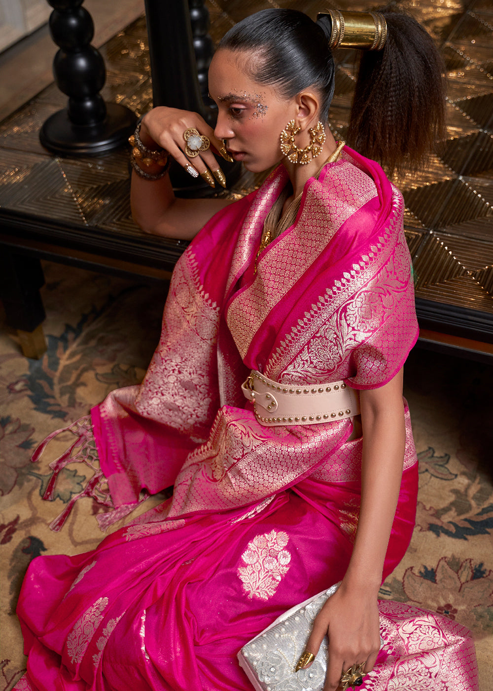 Hot Pink Woven Khaddi Georgette  Saree