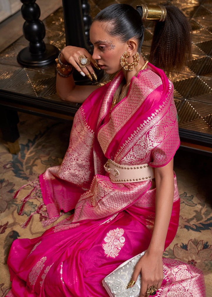 Hot Pink Woven Khaddi Georgette  Saree