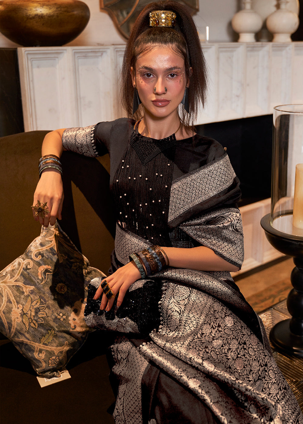 Raven Black Khaddi Georgette Saree