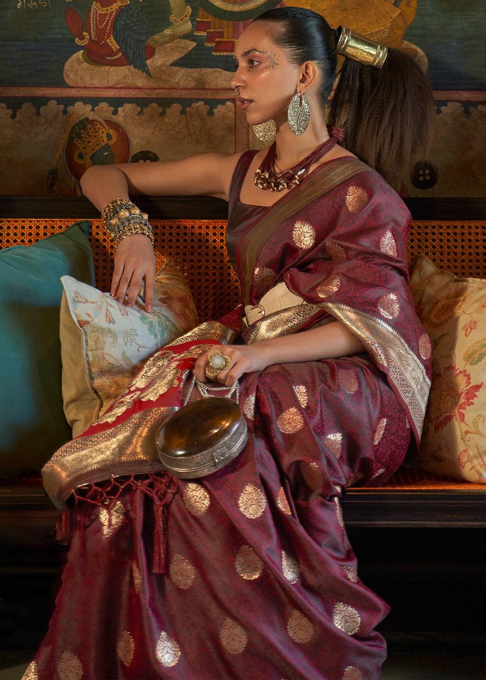 Pecan Brown Tanchoi Satin Silk Saree