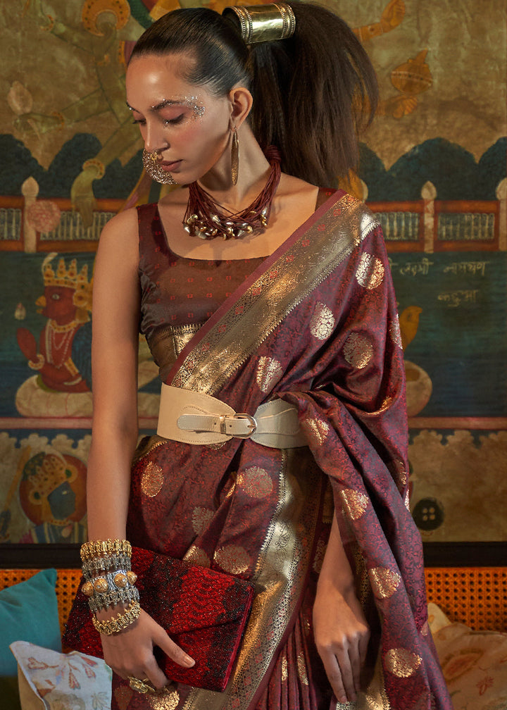Pecan Brown Tanchoi Satin Silk Saree