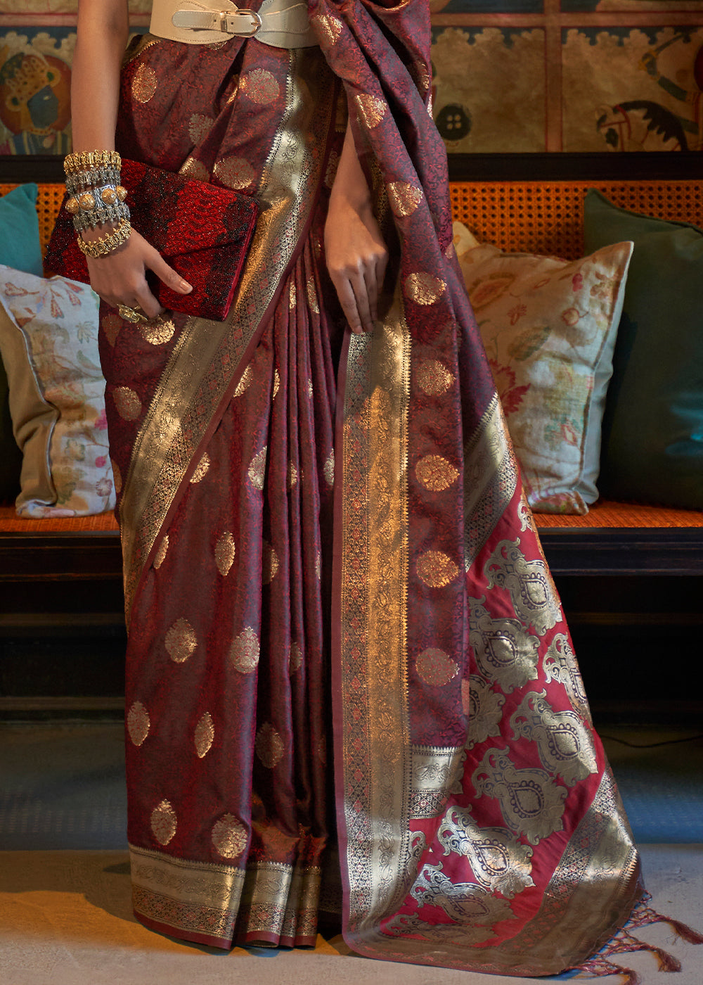 Pecan Brown Tanchoi Satin Silk Saree