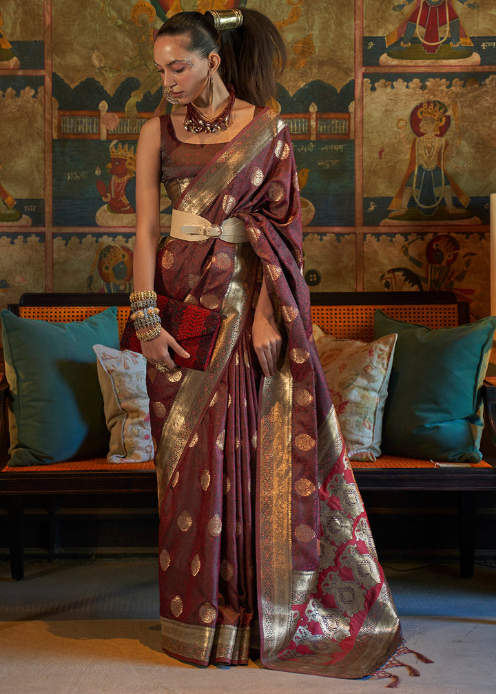 Pecan Brown Tanchoi Satin Silk Saree