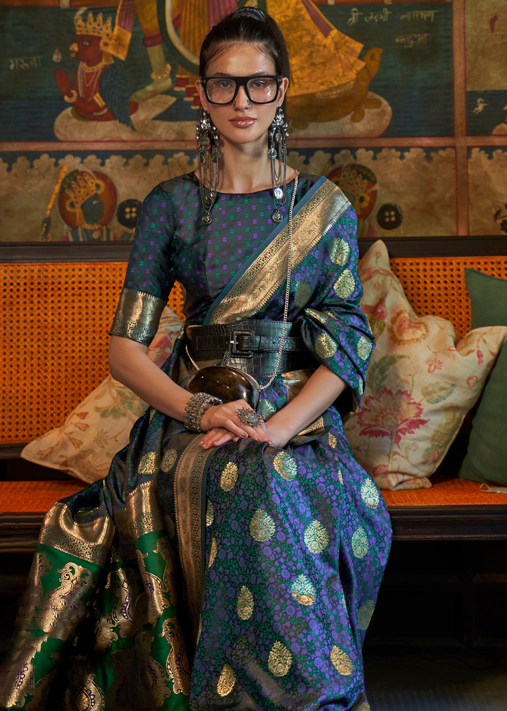 Prussian Blue Tanchoi Satin Silk Saree