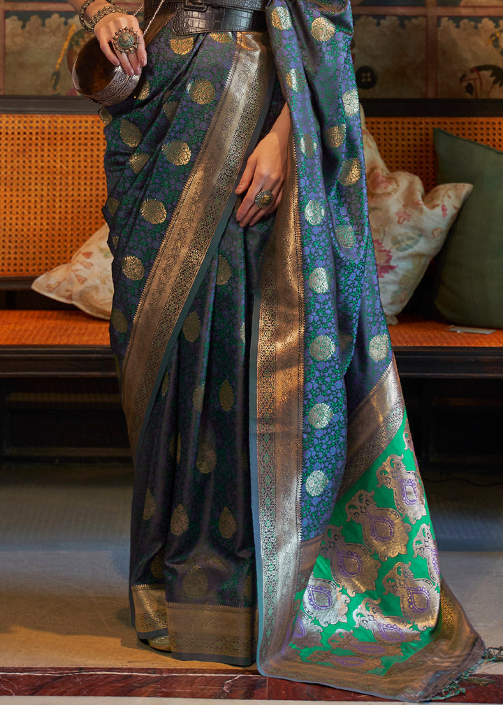 Prussian Blue Tanchoi Satin Silk Saree