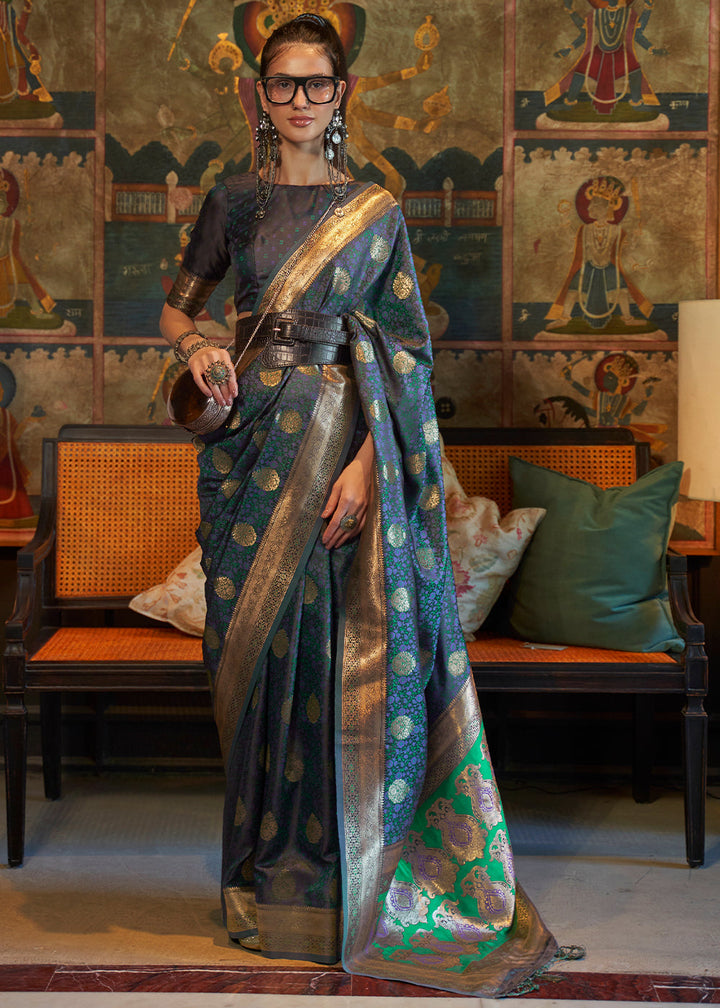 Prussian Blue Tanchoi Satin Silk Saree