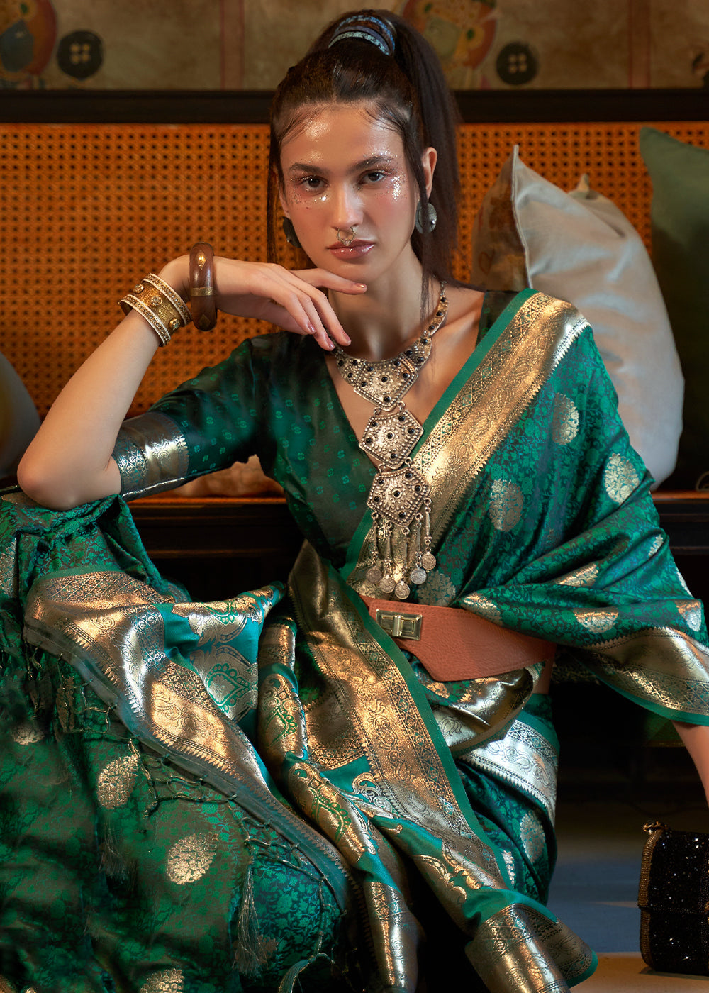 Teal Green Tanchoi Satin Silk Saree