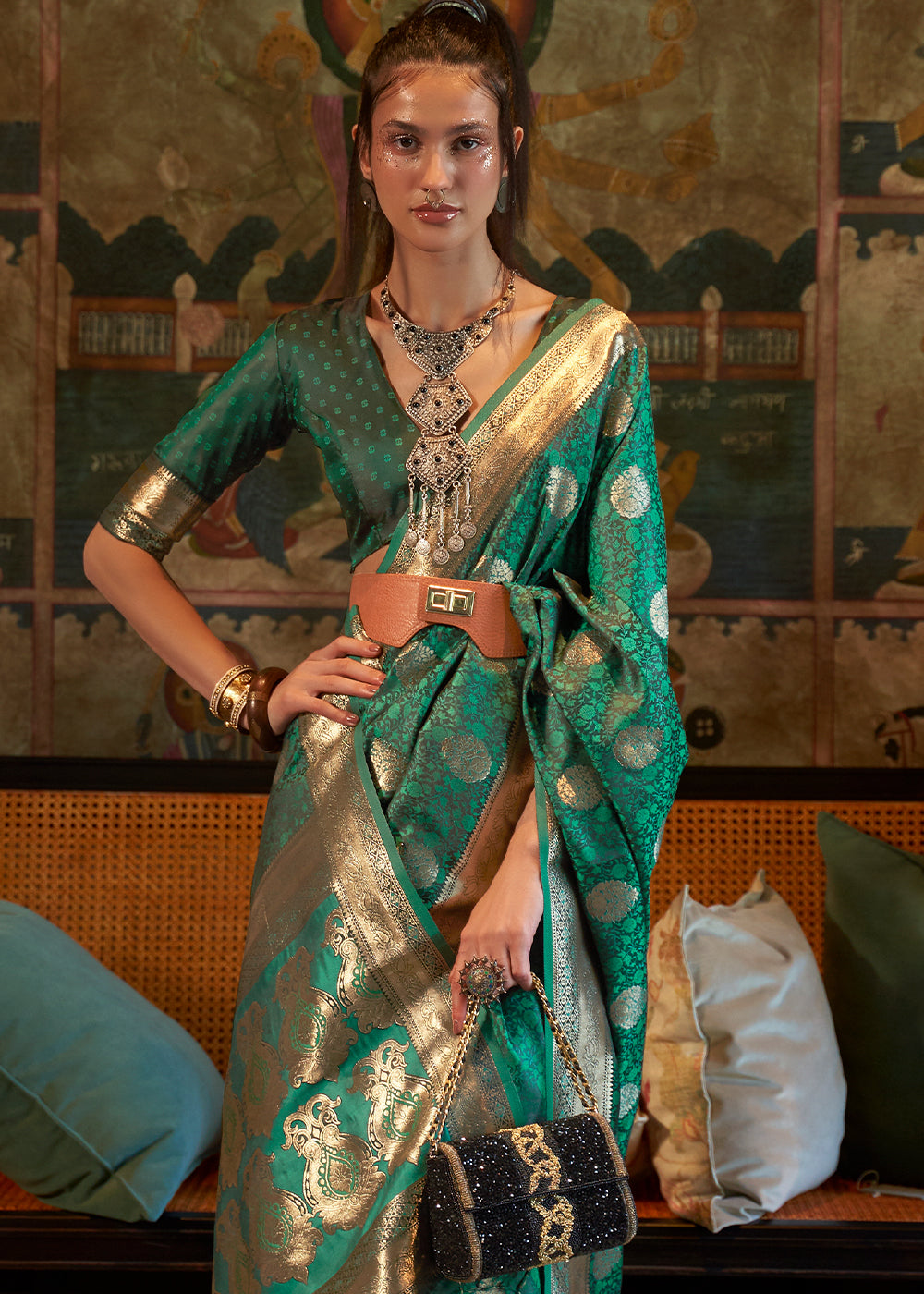 Teal Green Tanchoi Satin Silk Saree