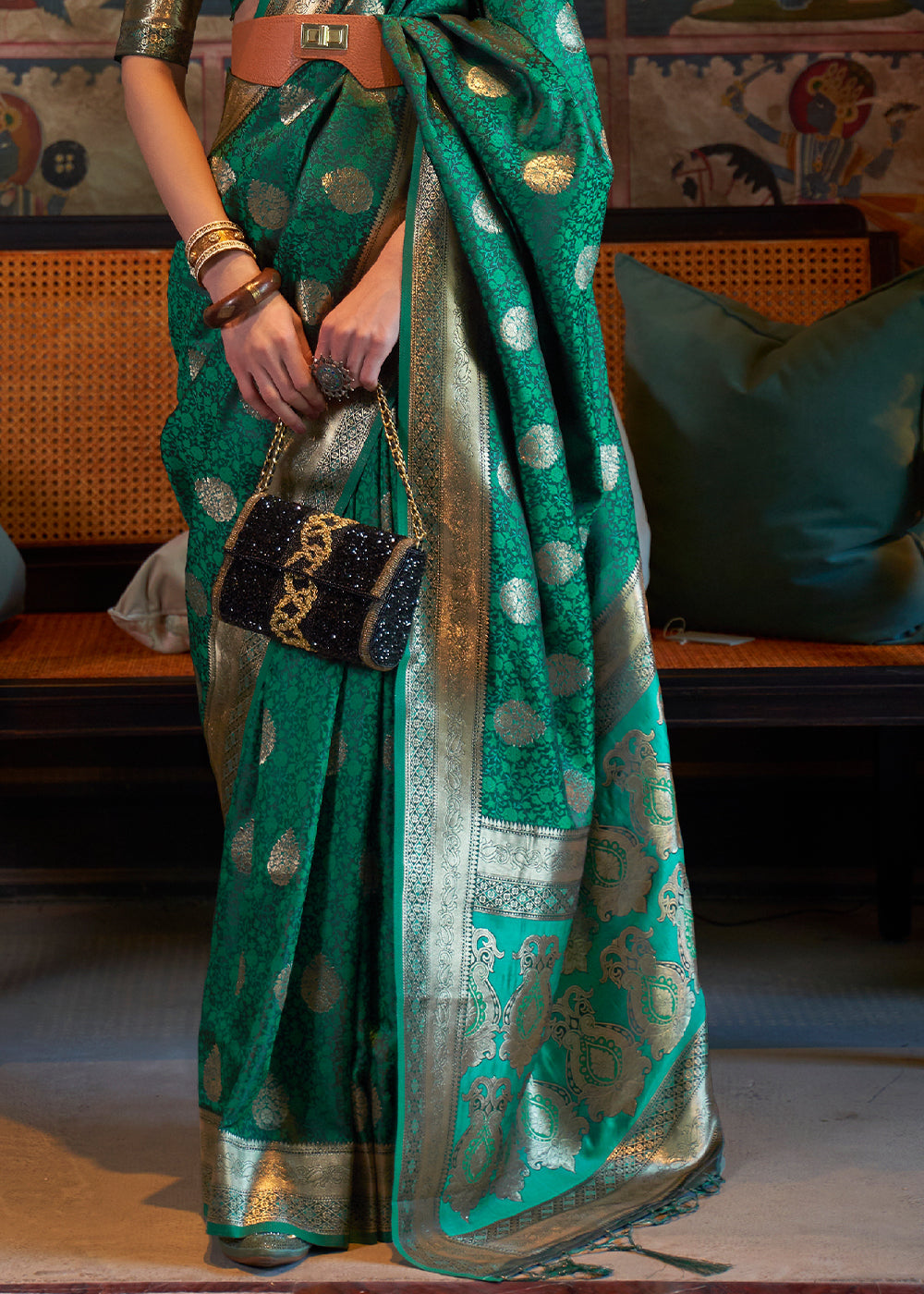 Teal Green Tanchoi Satin Silk Saree
