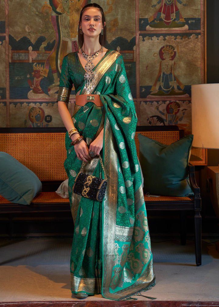 Teal Green Tanchoi Satin Silk Saree