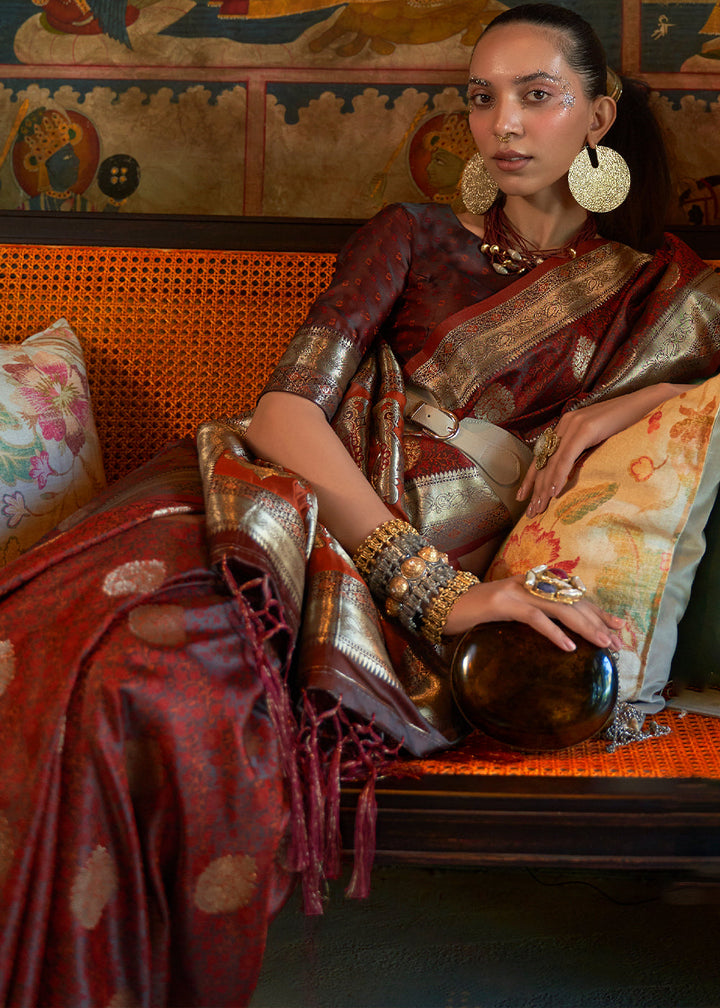Cinnamon Brown Tanchoi Satin Silk Saree