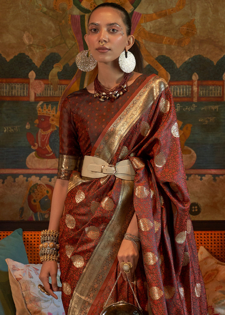 Cinnamon Brown Tanchoi Satin Silk Saree