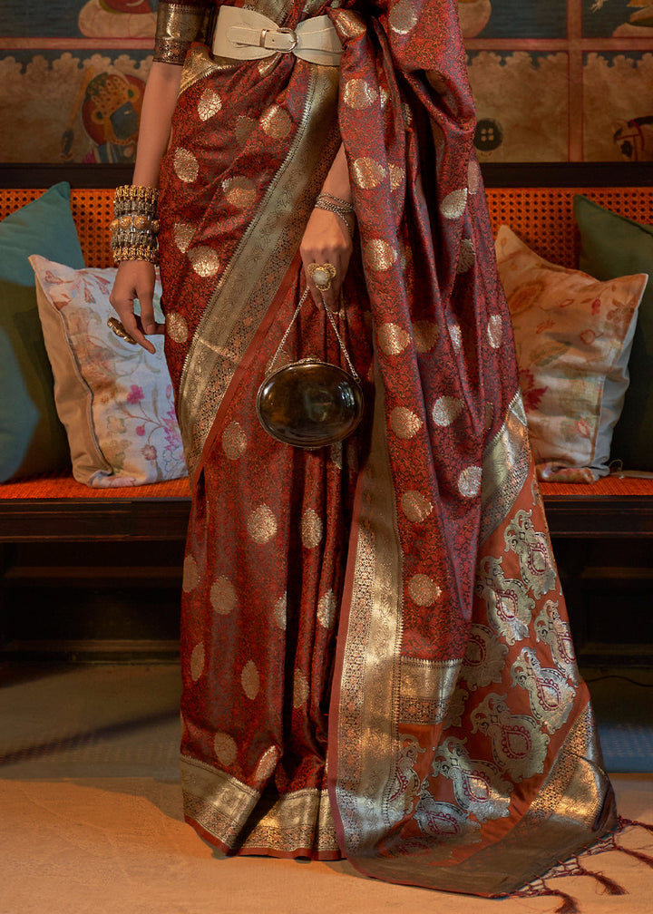 Cinnamon Brown Tanchoi Satin Silk Saree