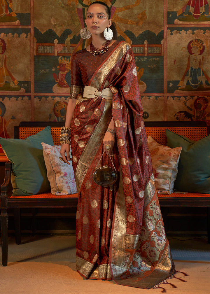 Cinnamon Brown Tanchoi Satin Silk Saree