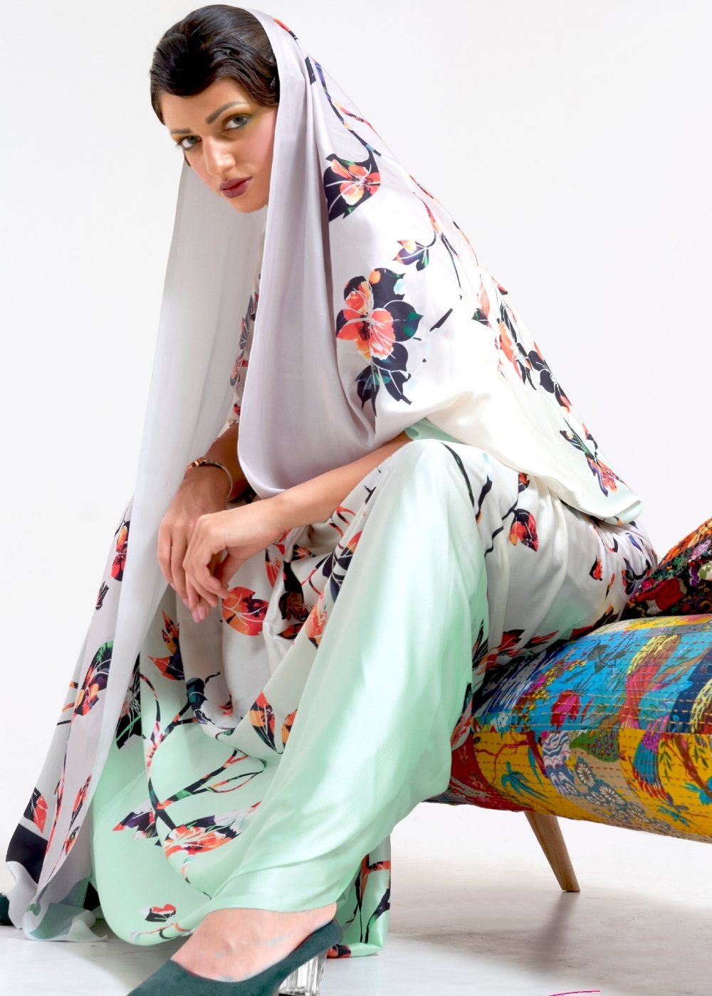 Multi Colored Printed Satin Crepe Saree