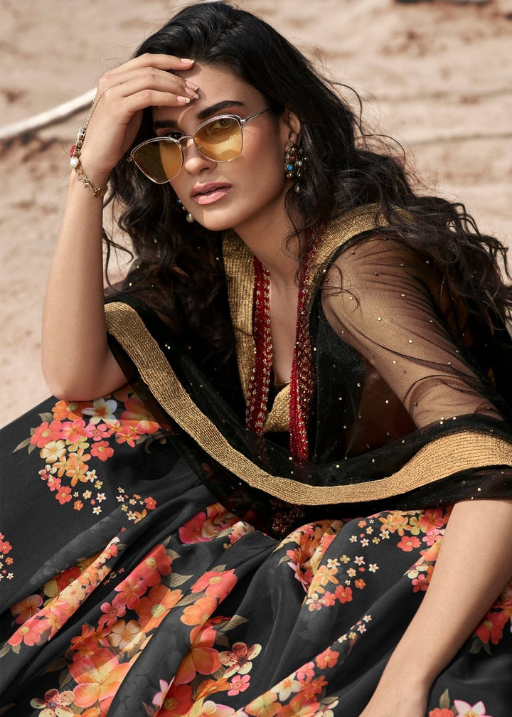 Onyx Black Designer Printed Organza Lehenga with Soft Net Dupatta