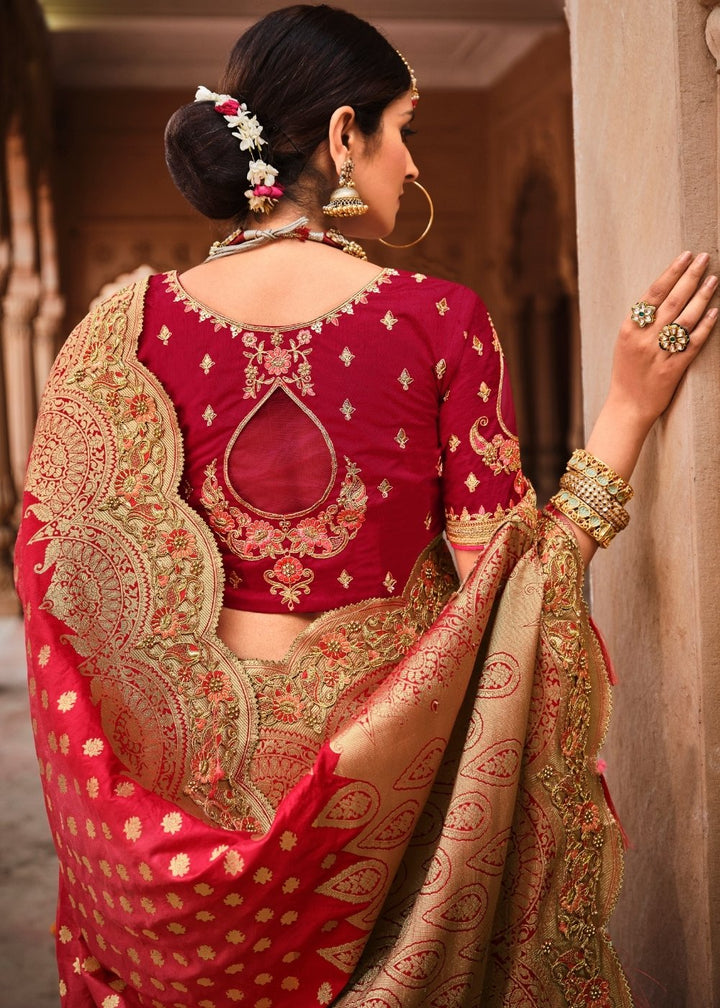 Punch Pink & Red Jacquard Woven Silk Saree with Embroidered work