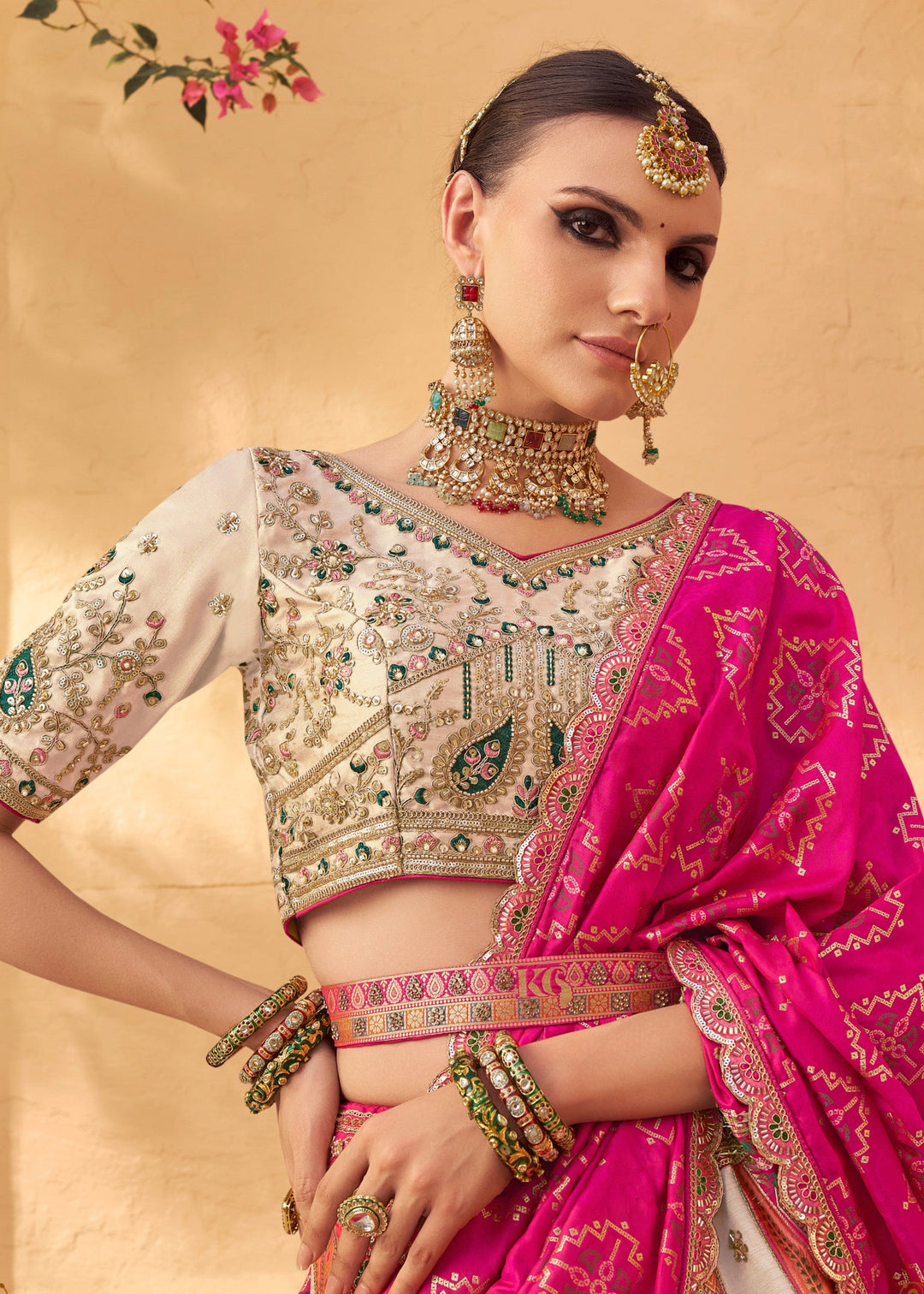 Off White & Pink Banarasi Silk Lehenga Choli With Zarkan And Cut Work
