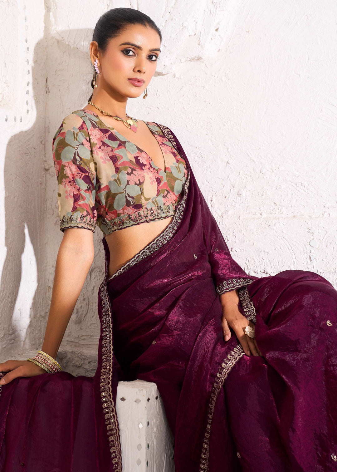 Wine Purple Gold Crush Tissue Silk Saree With Beautiful Blouse : Top Pick