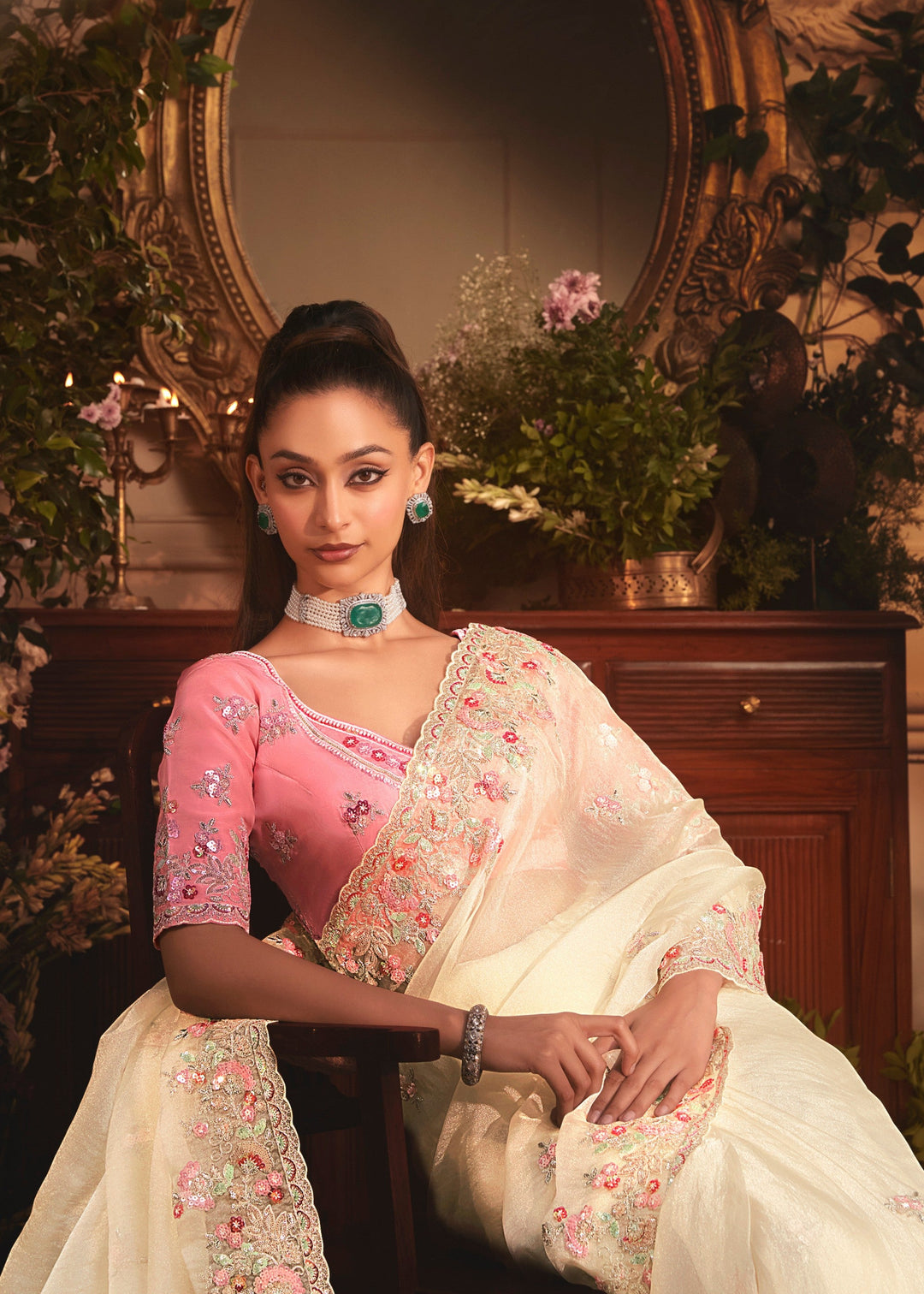 Ivory Tissue Organza Silk Saree