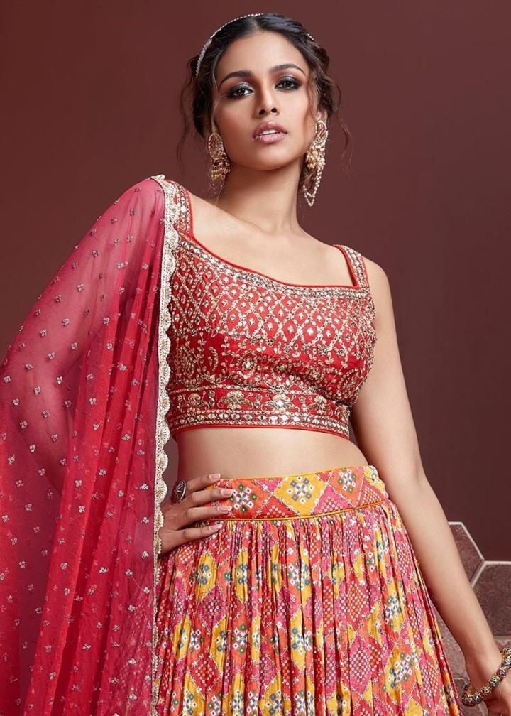 Red & Orange Printed Chinon Lehenga