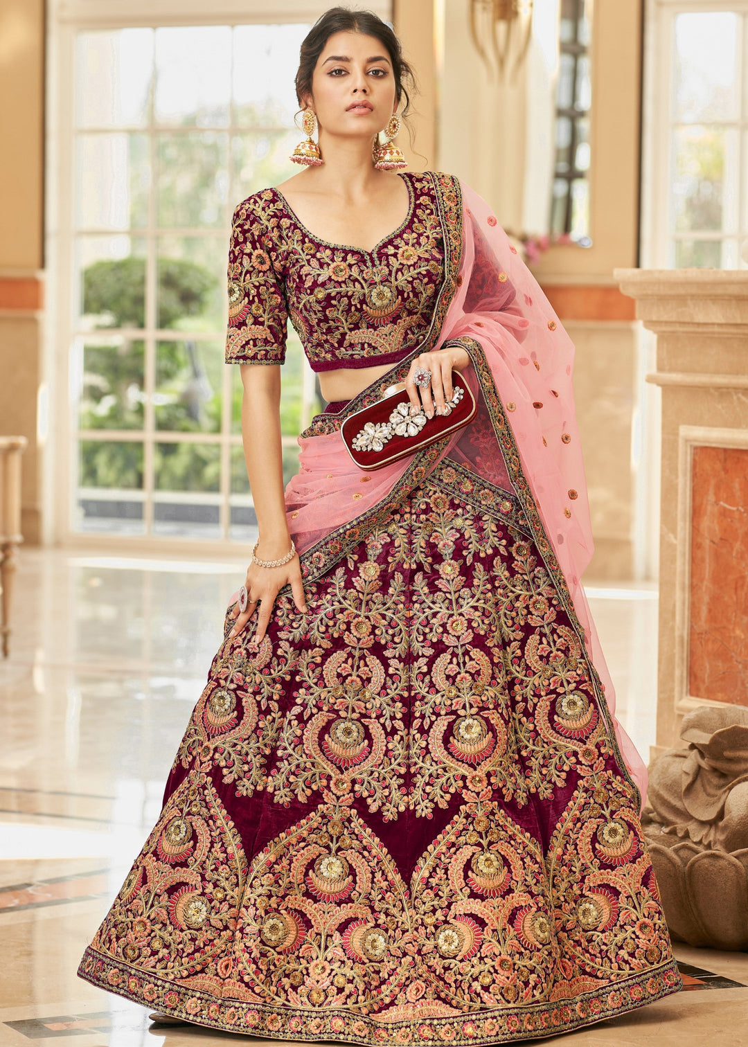Maroon Red Velvet Lehenga Choli